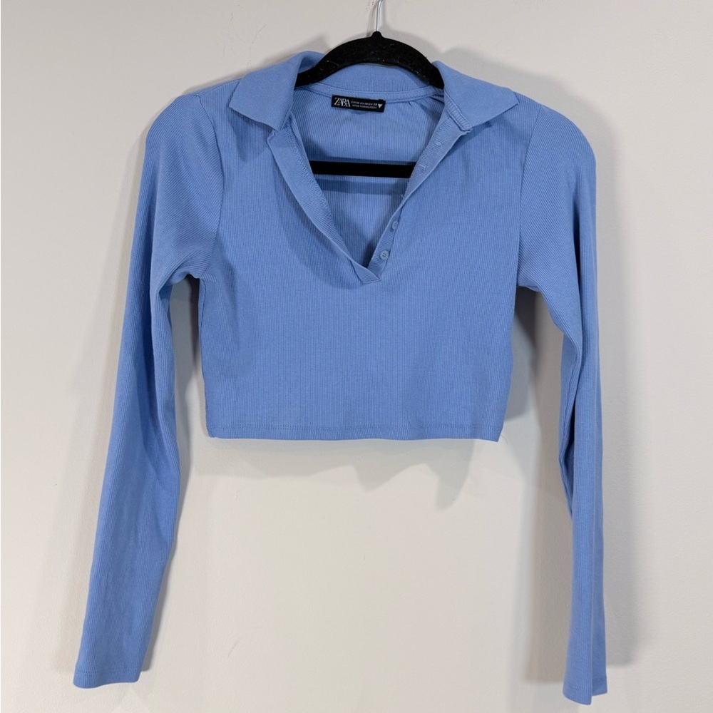 🔥Zara Women’s Light Blue Cropped Polo Long-Sleeve Top Size S EC🔥